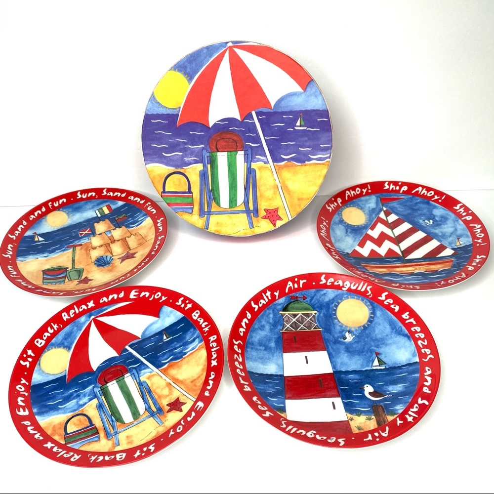 SHORE Set of 4/ 8” Porcelain Beach Plates NEW